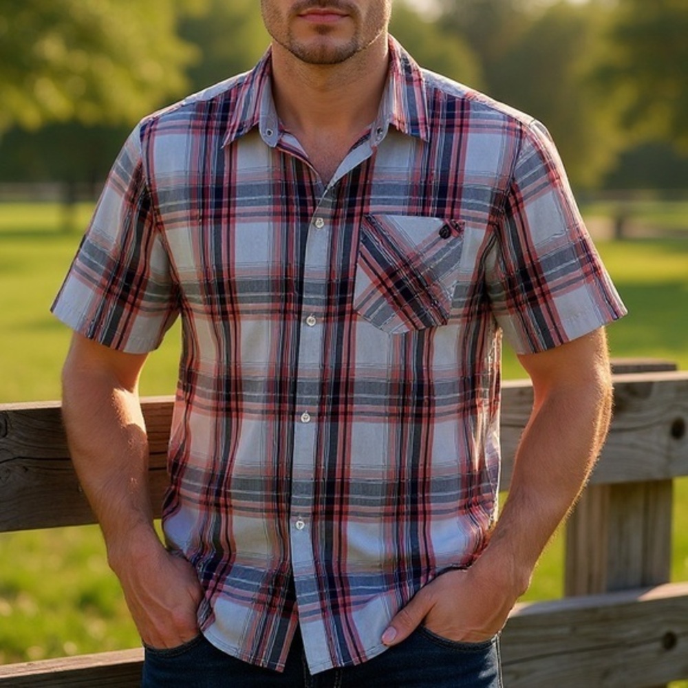 NWT Volcom Men's Gray & Red Plaid Casual Button down  Shirt Large Classic fit